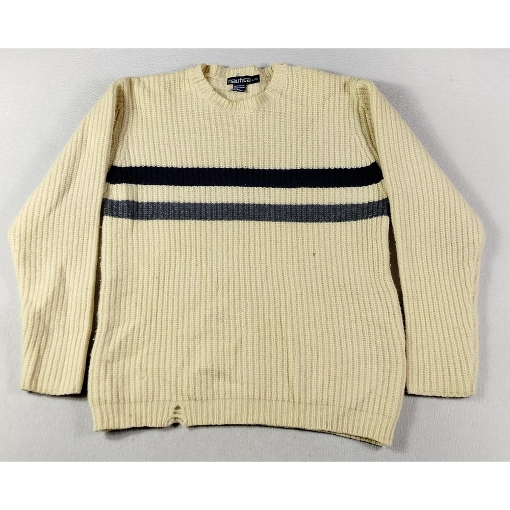Vintage Nautica Sweater Mens Large Cream Wool Stripe Chunky Knit Cabincore 90s